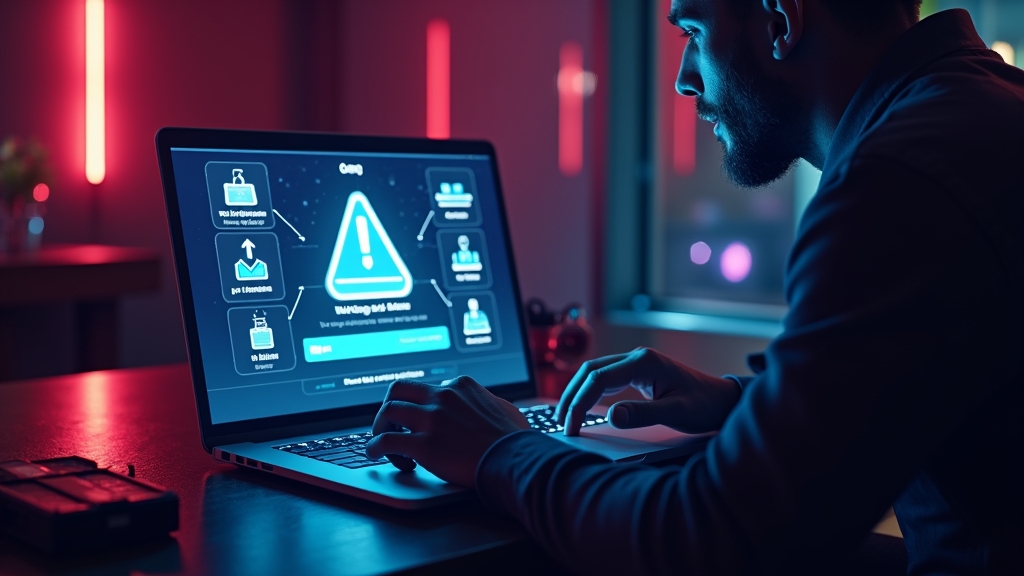 User checking a casino app download page on a phone and laptop in a neon-lit room