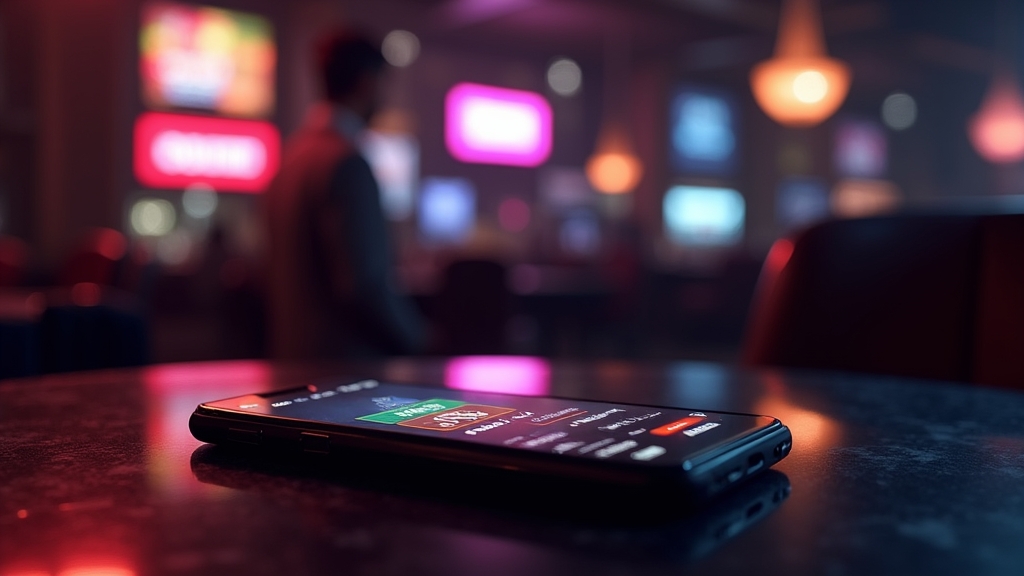 Smartphone showing a mobile casino app interface in a dark neon-lit setting