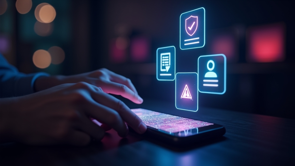 User reviewing trust signals for a casino app on a phone in a dark neon scene