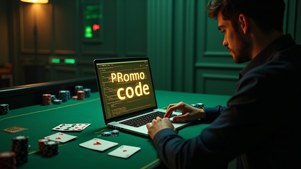 Player checking a bonus code on a laptop in a dark casino setting