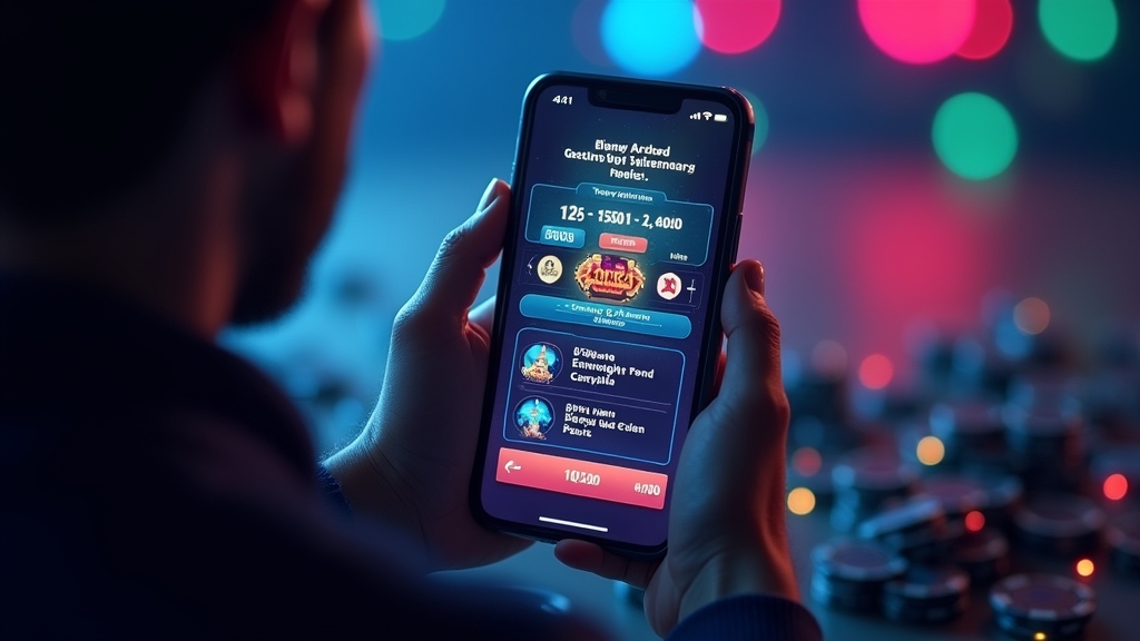 Casino game mobile interface shown on a smartphone in a dark neon setting