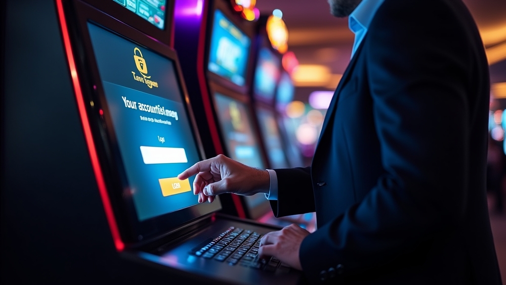 Player logging into a casino account on a glowing screen in a dark casino