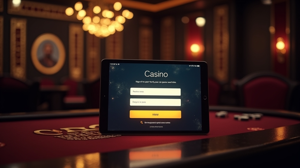 New player completing a casino registration form on a tablet in a dark casino