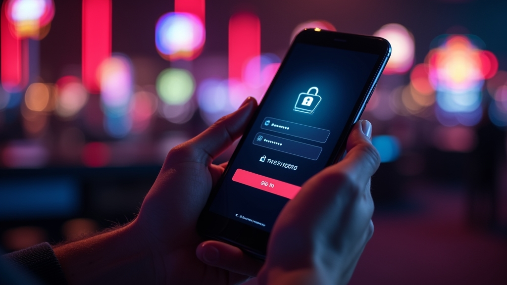Smartphone login screen with security cues in a dark casino-themed setting